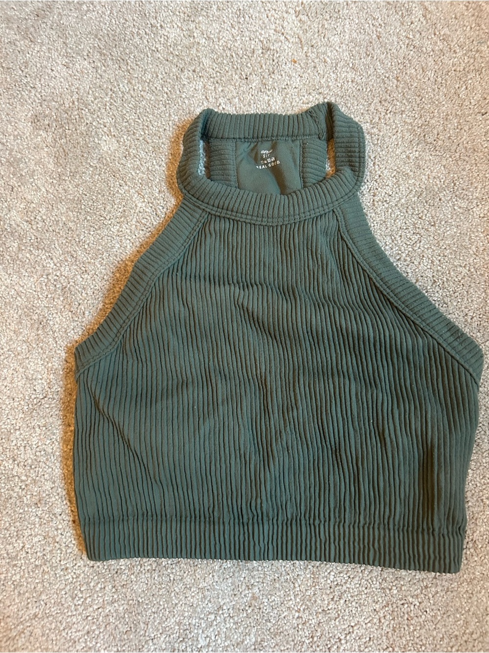 aerie Olive Ribbed High Neck Cropped Tank